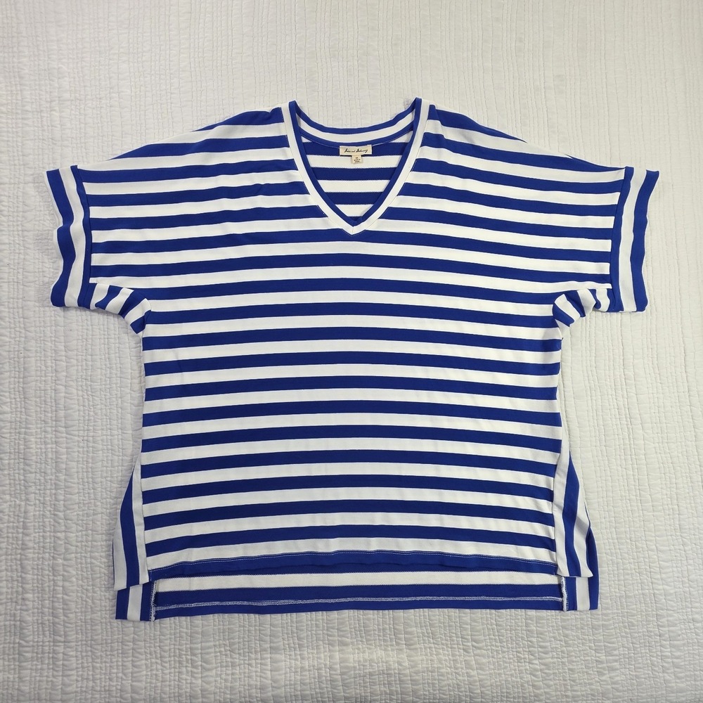 Jane & Delancey Shirt Women 2X Blue White Horizontal Stripe V-Neck Jersey Knit